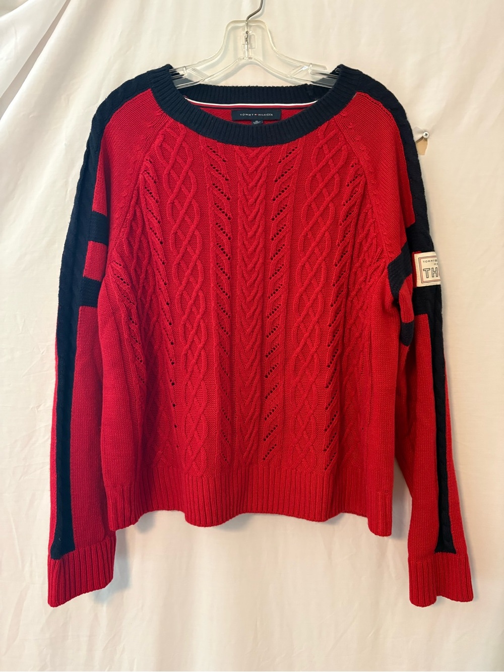 Tommy Hilfiger Red Cable-Knit Crew Sweater with Navy Stripe Details